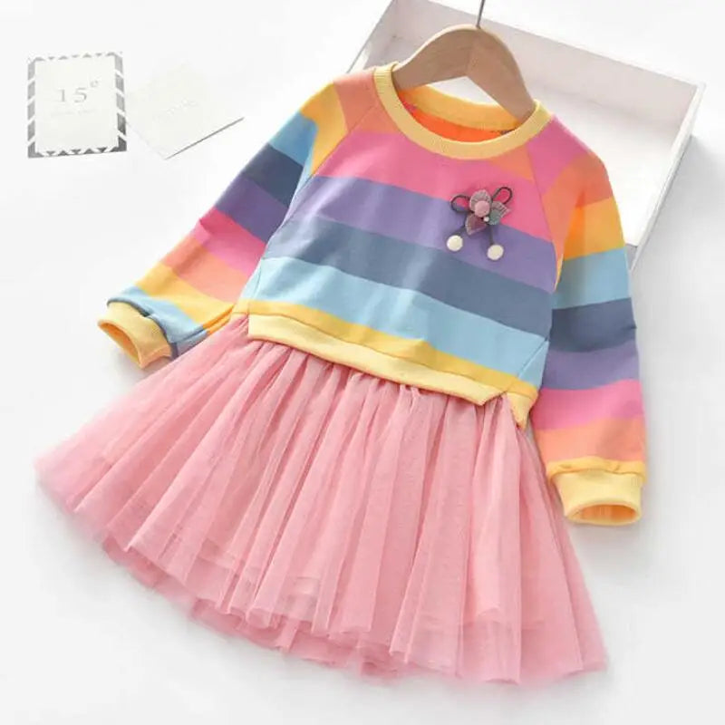 Girls' Rainbow Stripe Fleece Tutu Dress - Long Sleeve Autumn Princess Dress, 3T-7T
