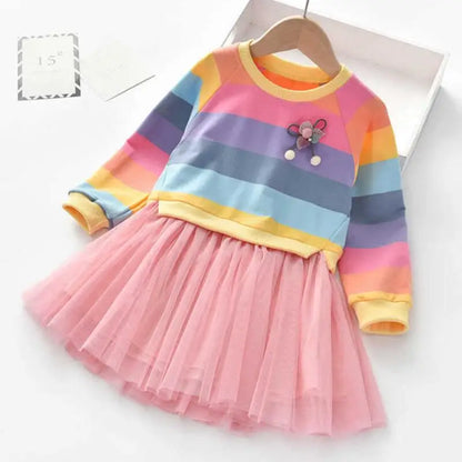 Mädchen-Tutu-Kleid aus Fleece mit Regenbogenstreifen – Langärmliges Prinzessinnenkleid für den Herbst, Größe 3T–7T