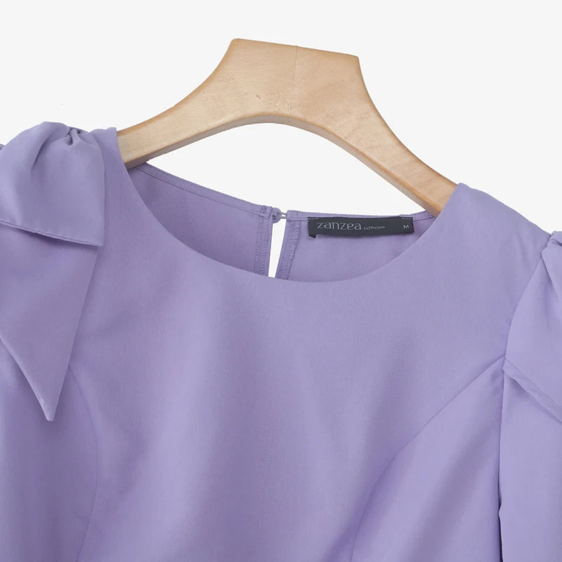 Women Blouse ZANZEA Elegant Office Lady Summer Short Puff Sleeve Bow Fashion Shirts 2025 Casual Solid Color Tops Tunic Blusas