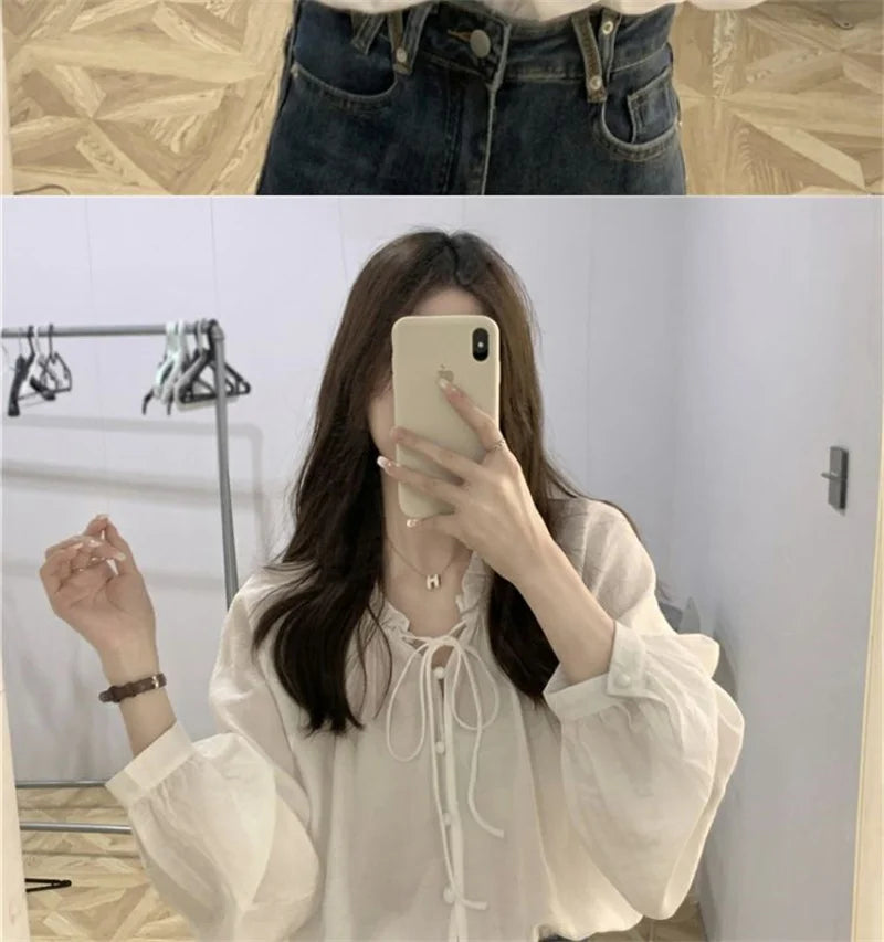 French Solid Color Leisure Women Sweet Solid Color V-neck Ruffled Edge Pullover Shirt Female Loose Fitting Lantern Sleeve Blouse