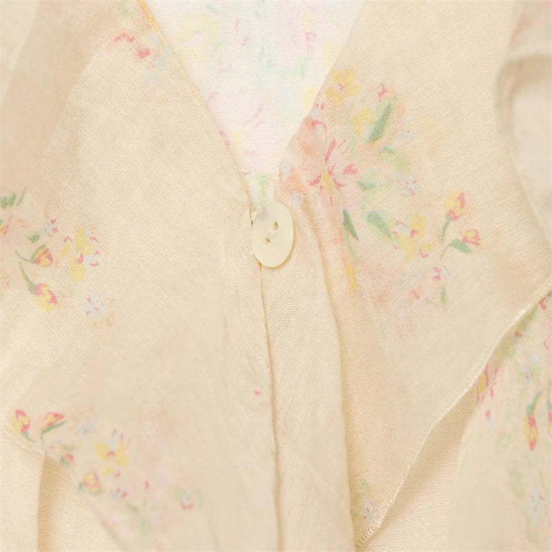 Guobioziy Elegant Women Floral Print Chiffon Blouse Ruffle Trim V‑Neck Flare Sleeve Top For Dating Office Daily Outfi