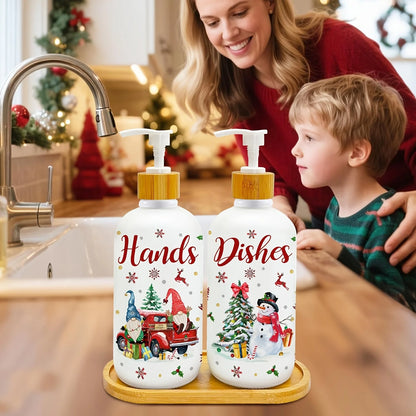 Lot de 2 distributeurs de savon gnomes de Noël avec plateau – Décoration de fêtes pour cuisine et salle de bain