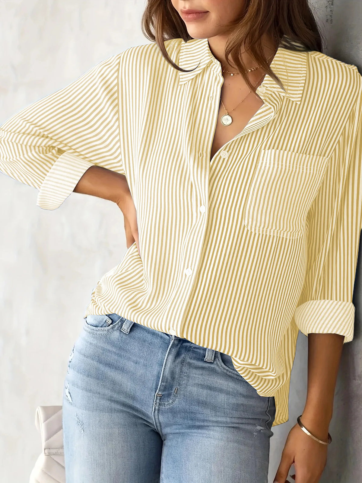 Women Long Sleeve Striped Loose Shirt Office Lady Elegant Turn Down Collar Harajuku Blouse Casual Lapel Tops Female Clothes