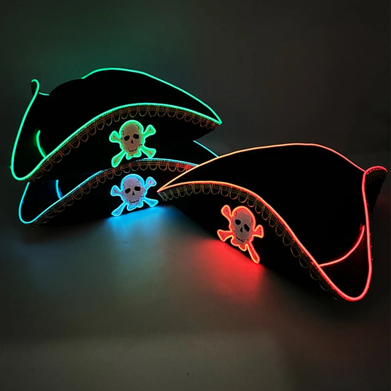 LED Light-Up Pirate Captain Hat - Glowing Tricorn Costume Hat for Halloween & Parties