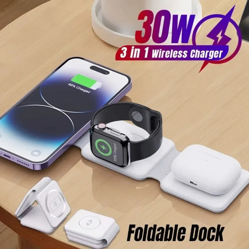30W Foldable 3-in-1 Wireless Charger for Phone, Watch & AirPods