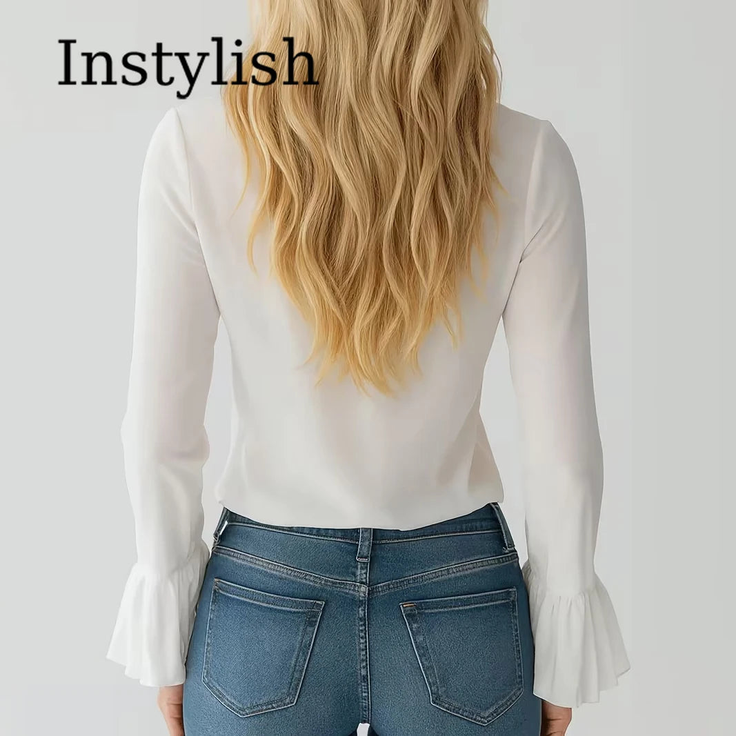 V-Neck Ruffle Sleeve Chiffon Blouse