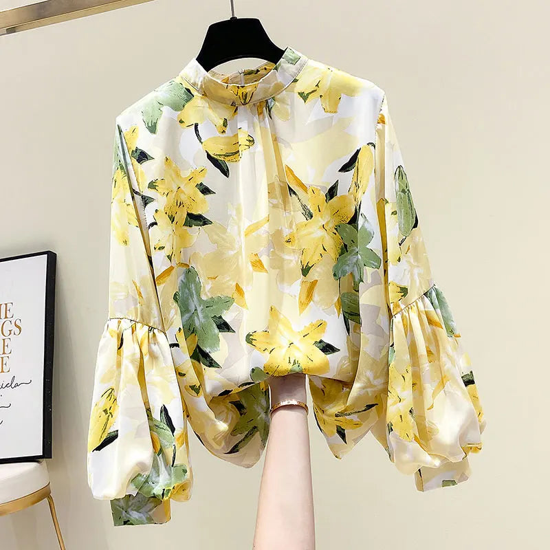 Yellow Floral Printing Chiffon Stand Collar Lantern Sleeve Pullover Women's Blouse Shirt Casual Female Clothing Tops Fashion