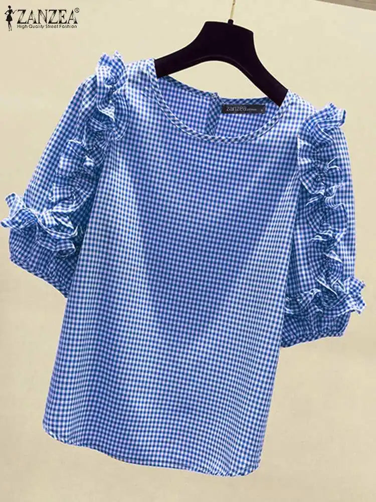 Ruffle-Trim Plaid Lantern-Sleeve Blouse