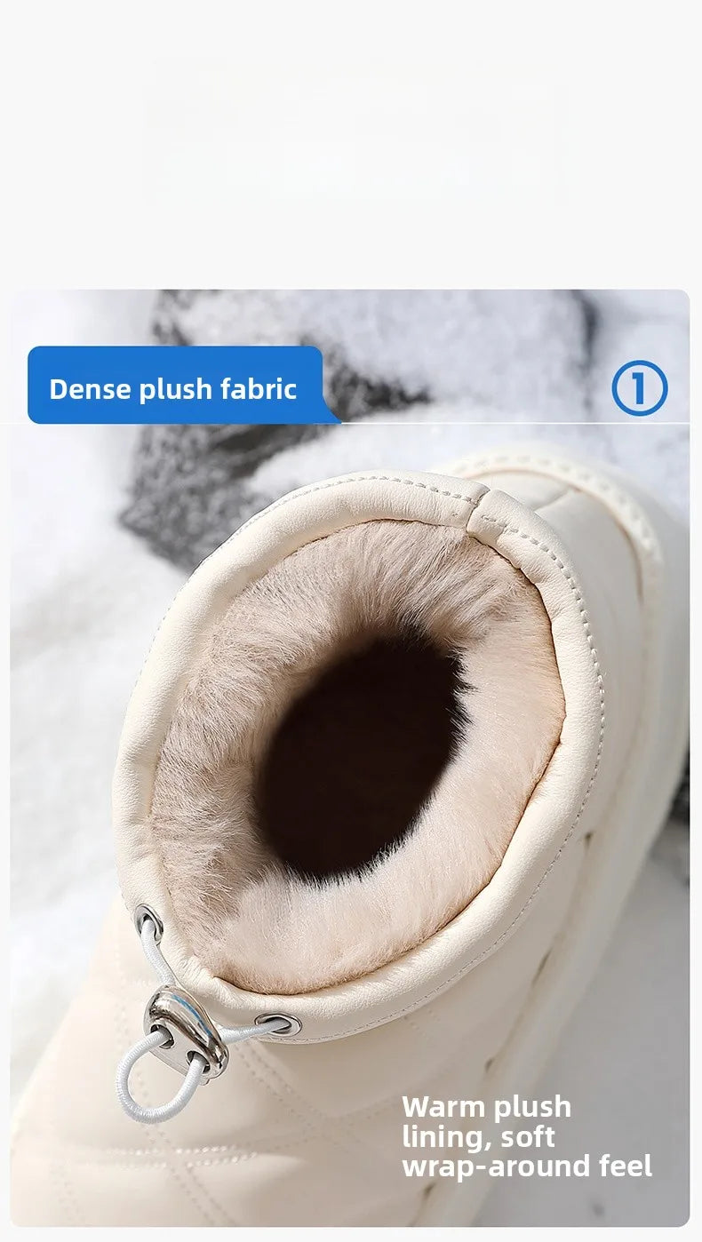 Women's Winter High-Top Fur Lined PU Leather Snow Boots Waterproof Cotton Shoes Warm Fashionable Short Tube EVA Inner Material