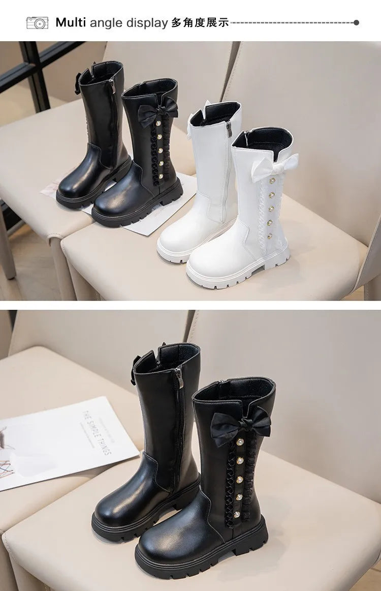 Girls' Waterproof Knee-High Boots with Bow & Lace