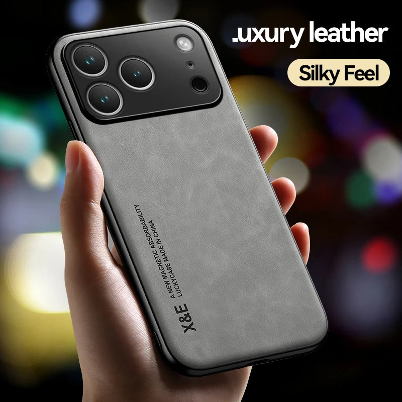 Luxury Leather Case For iPhone 17 18 16 15 14 13 12 11 Pro Max Plus 13 12 Mini Air 16E Cover With Metal Plate Support Car Hold