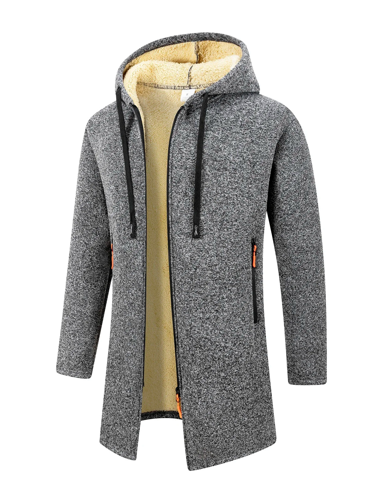 Men's Winter Warm Long Coat Zipper Jacket Zip Windbreaker Thick Fleece Windproof Overcoat Casual Contrast Color Hooded Jacket