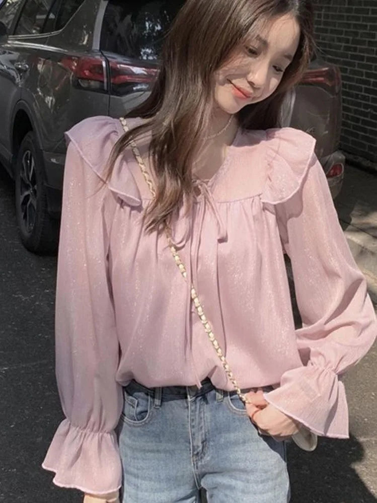 V-Neck Lace-Trim Chiffon Blouse