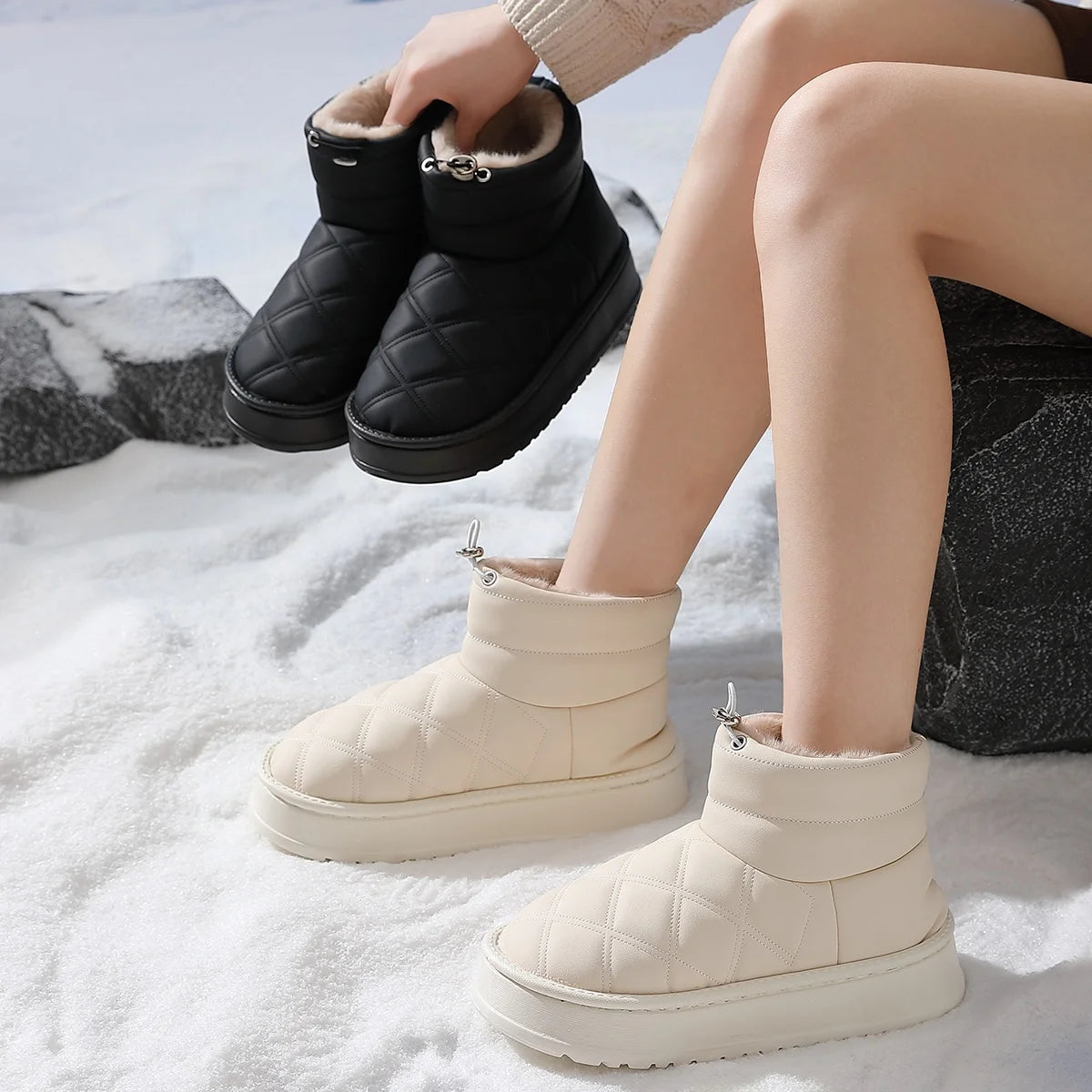 Women's Winter High-Top Fur Lined PU Leather Snow Boots Waterproof Cotton Shoes Warm Fashionable Short Tube EVA Inner Material