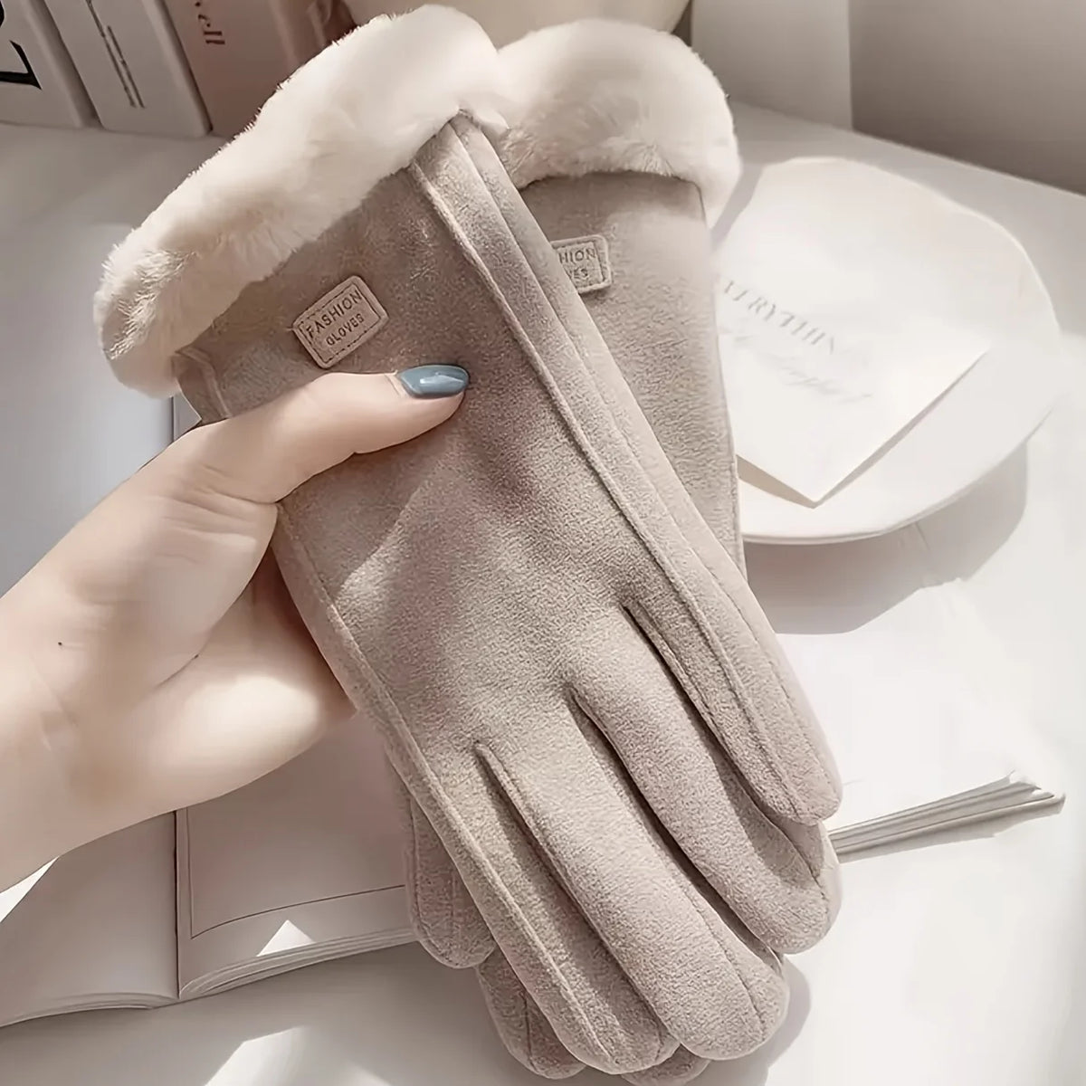 Unisex Beige Plush-Lined Touchscreen Gloves