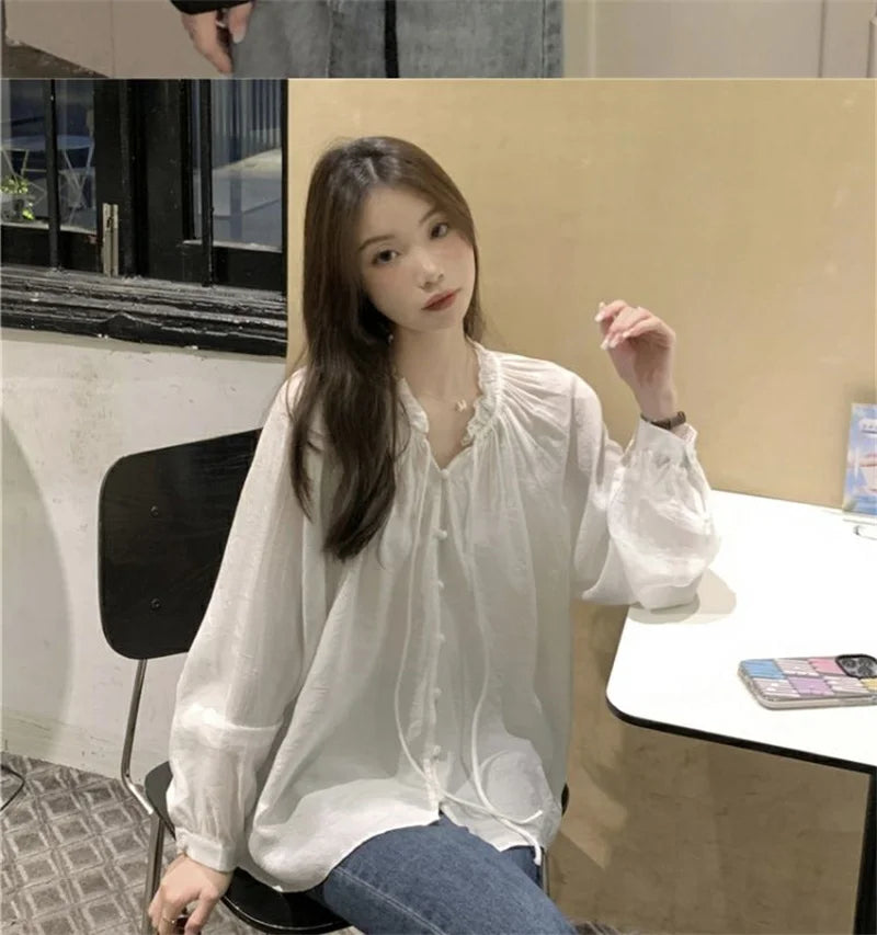 French Solid Color Leisure Women Sweet Solid Color V-neck Ruffled Edge Pullover Shirt Female Loose Fitting Lantern Sleeve Blouse