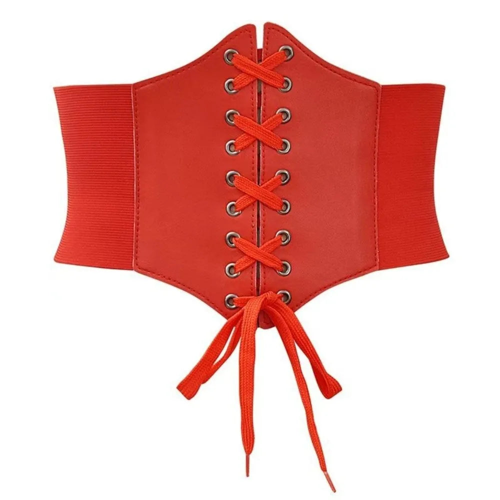 Women's Wide Elastic Corset Belt – Faux Leather Lace-Up Waist Belt