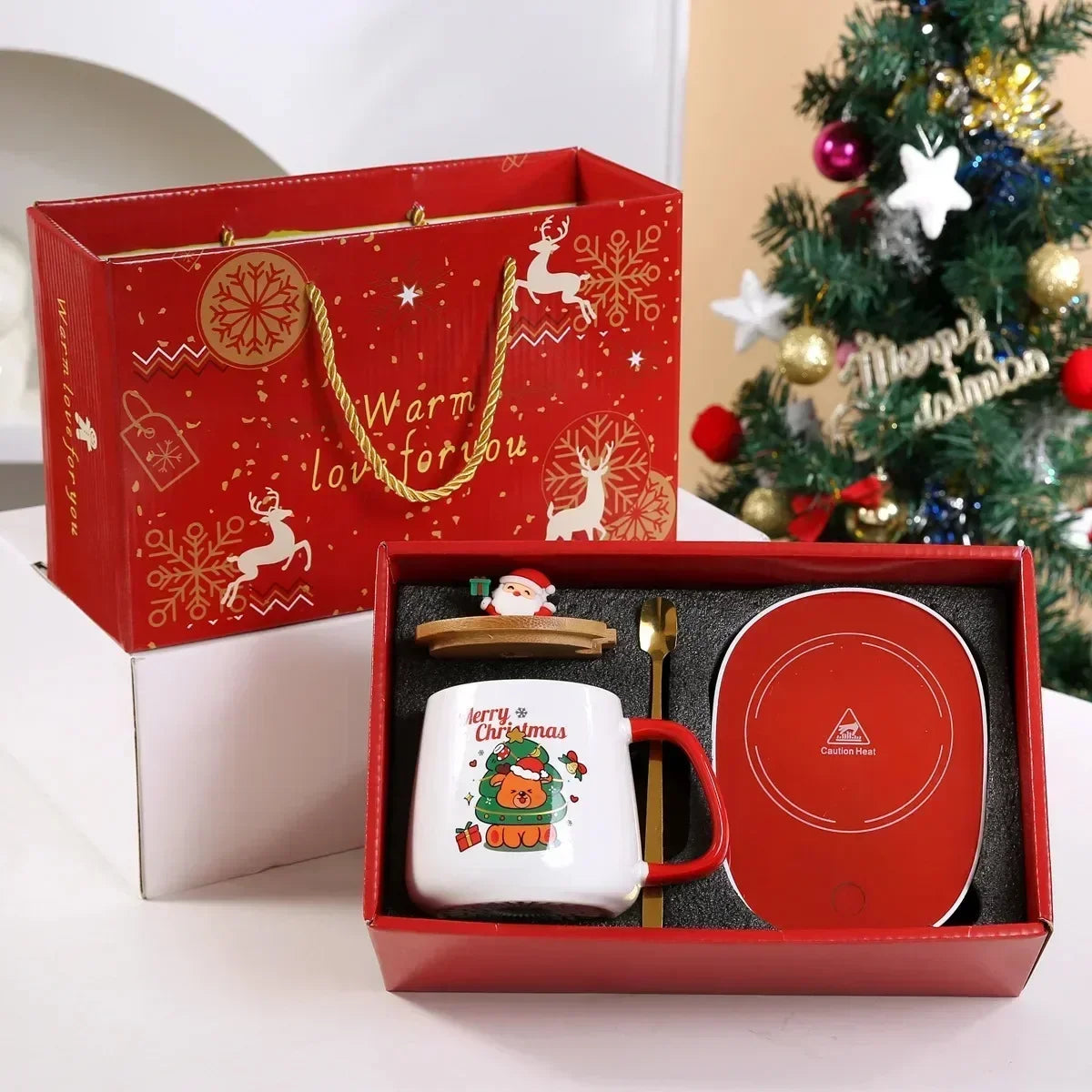 Santa Mug Warmer Gift Set – Ceramic Mug with Lid, Spoon & 55°C Warming Coaster