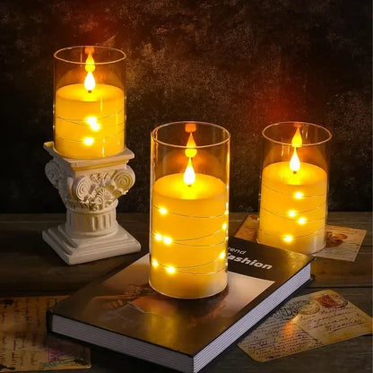 Flammenlose LED-Kerzen mit integrierten Sternen-Lichterketten | 3D-Flamme | Acryl | 3 Größen | Romantische Heimdekoration