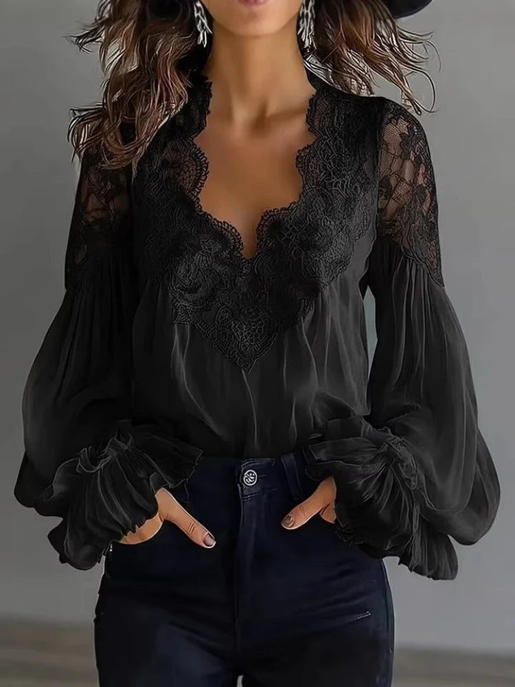 Women's Blouse Black White Elegant Sexy V-neck Lace Splicing Lantern Sleeve Solid Blouse Office Commuter Chic Shirt For Female