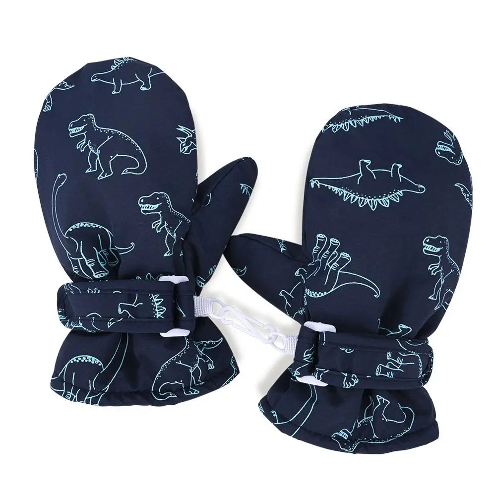 Kids' Dinosaur Print Winter Gloves – Fleece-Lined Snow Gloves
