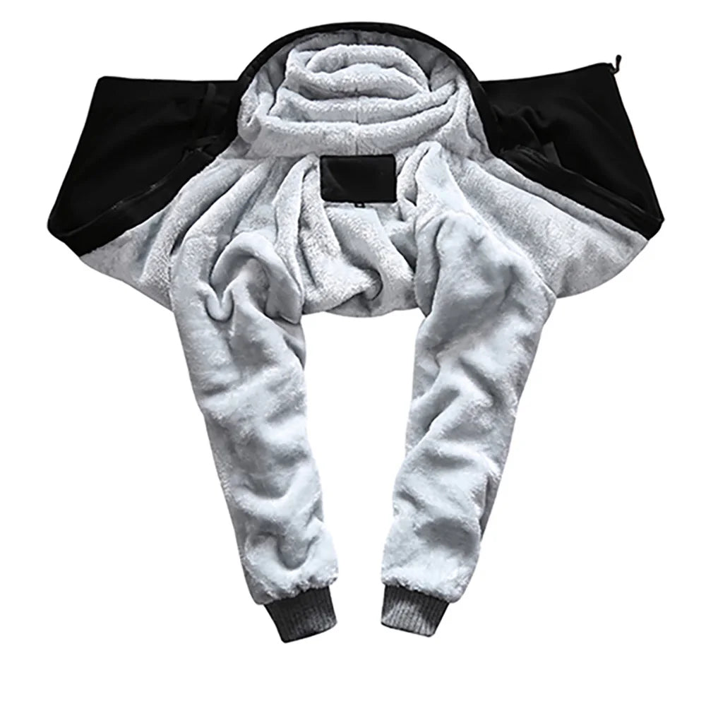 Men's Winter Jackets Thick Warm Jacket Brand Sportswear Coat Pants Solid Color Fleece Zipper Hooded Long Sleeved Male Outerwear