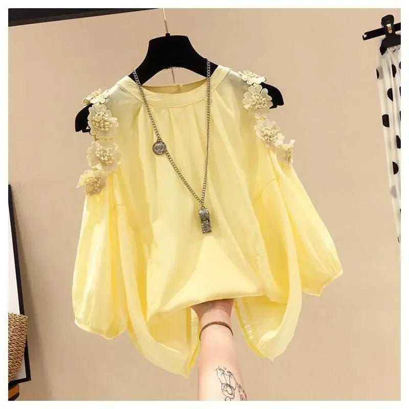 Flower Three-dimensional Decoration Raglan Sleeve O-Neck Pullover Women's Blouse Shirt Female Fashion Blouses Women Clothing