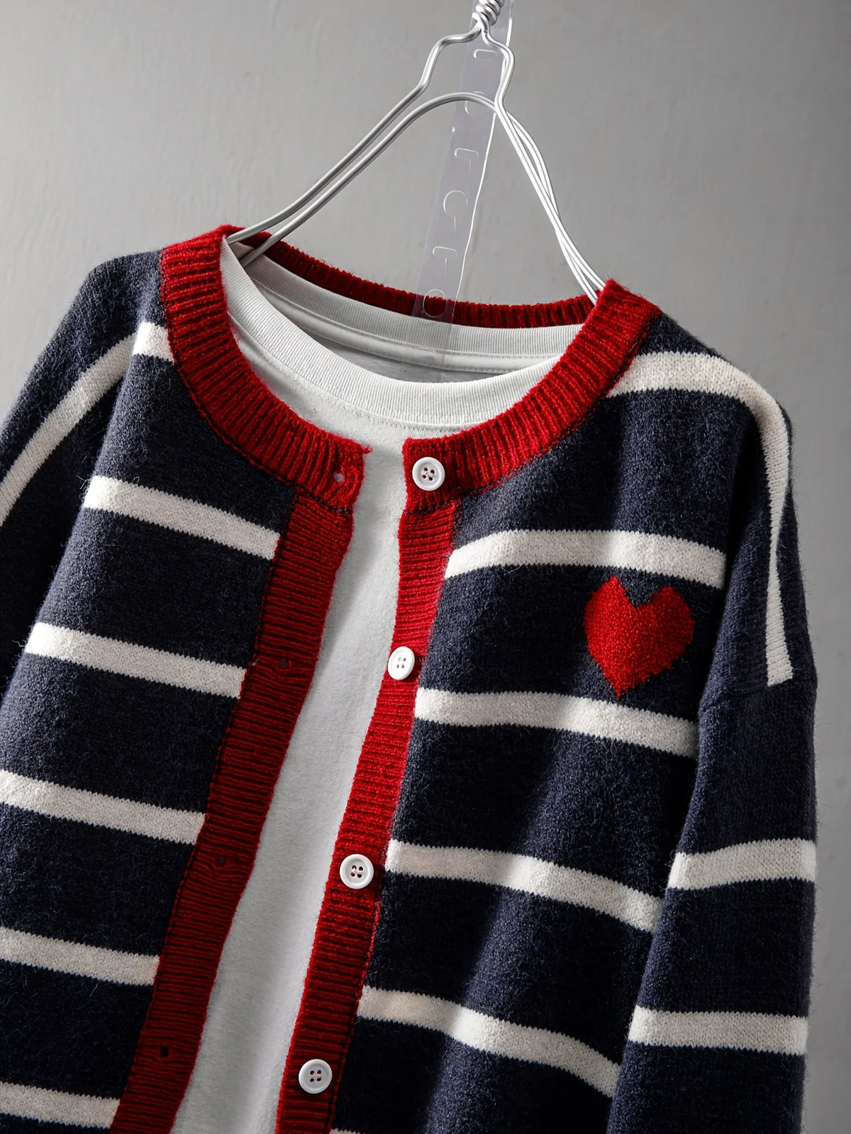 Women's Striped Button Front Cardigan, Cute Heart Pattern Knit Coat, Casual Fashion Outwear