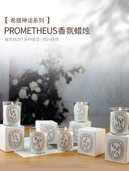 Vela aromática transparente Prometheus | 50 g | 16 fragancias europeas | 10 h de combustión | Caja de regalo artesanal