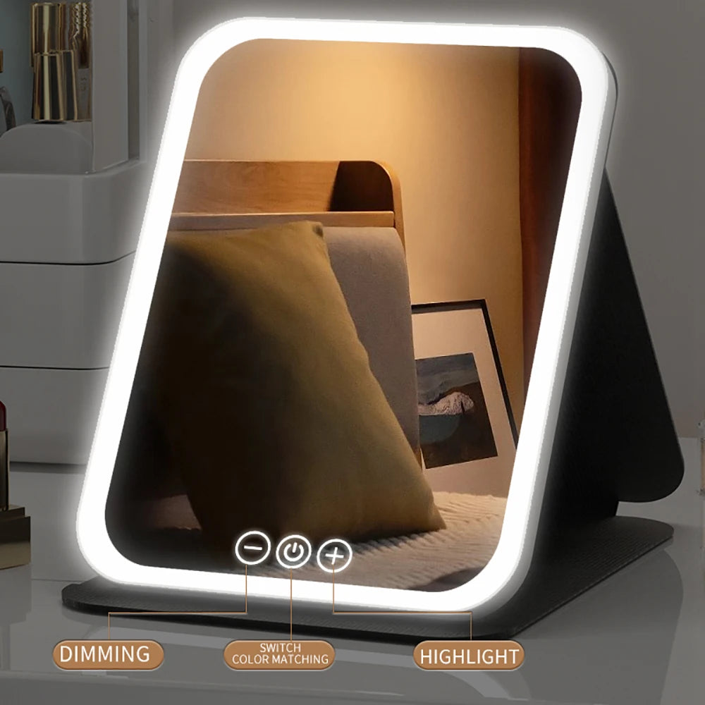 Foldable LED Makeup Mirror – 3 Light Colours, Dimmable Touch Control, Rechargeable