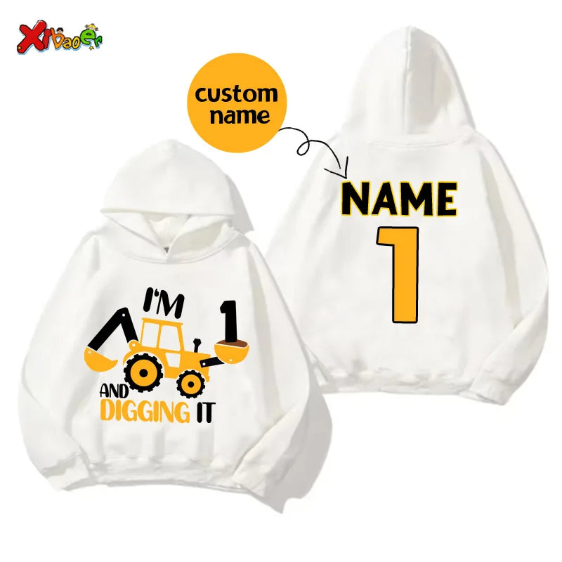 Kids' Custom Name Excavator Hoodie - Personalised Construction Birthday Sweatshirt