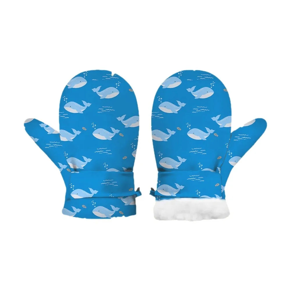 Kids' Printed Fleece-Lined Snow Mittens with Anti-Lost Clip