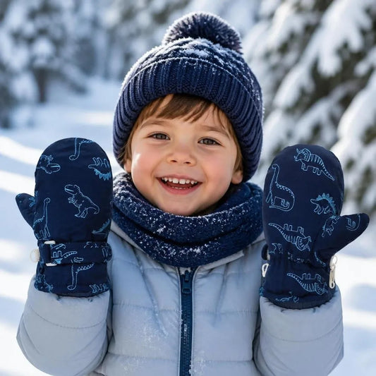 Toddler Dinosaur Snow Mittens – Fleece-Lined, Sizes S, M, L