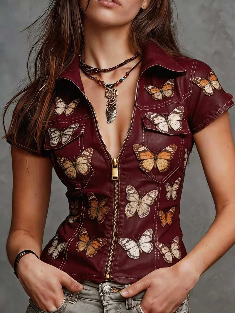 Women's Fashion Sexy Imitation Denim Butterfly Printed Short Sleeve Shirt with Real Pockets, Printed Design, No Texture