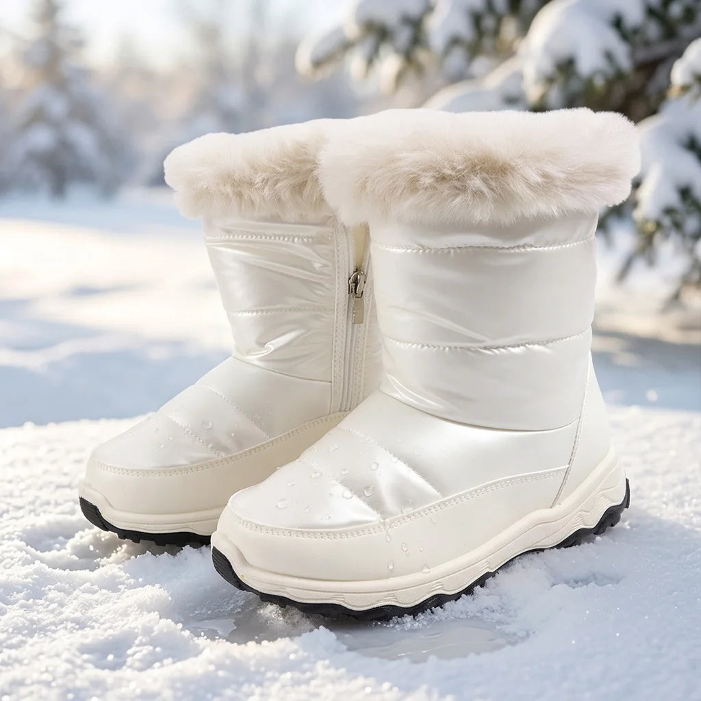 Girls' Waterproof Plush Snow Boots – White