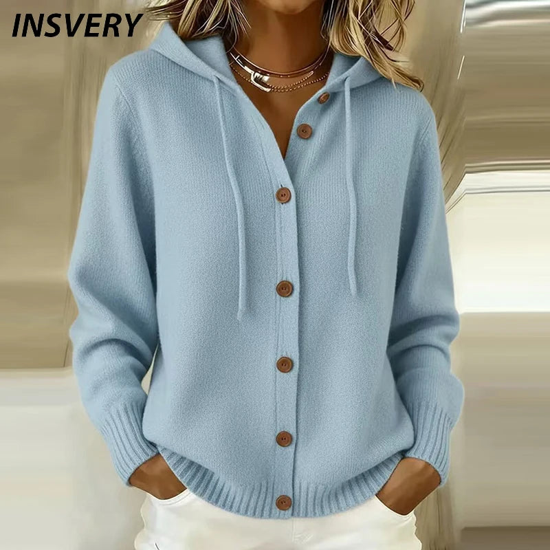 New Casual Hoodeis Sweater Women Fashion Knitted Sweater Cardigan Women Autumn Winter Solid Color Loose Button Jacket Women Coat