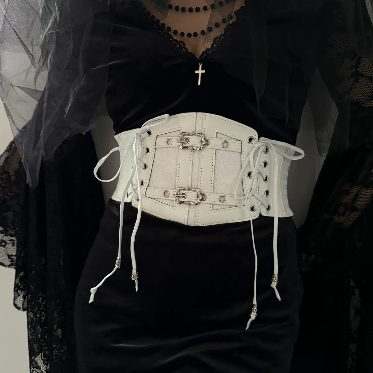 Lace-Up Corset Belt with Chain – Wide Faux Leather Waist Belt