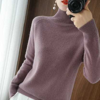 Modischer Basic-Herbst-Winter-Merinowollpullover mit Stehkragen, Kaschmir, einfarbig, weich, langärmlig, Basic-Oberteil