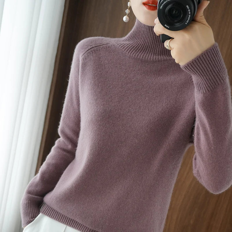 Fashion Basic Autumn Winter Merino Wool Sweater Mock Neck Cashmere Pullover Solid Color Soft Long Sleeve Basic Clothing Tops