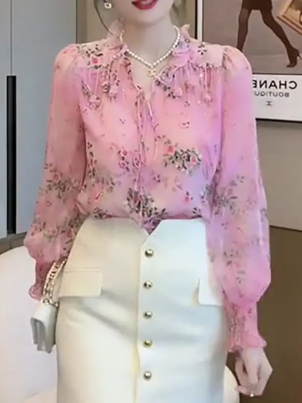 Korean Broken Flowers Printed Blouse Fashion Tassel Three-dimensional Decoration Female Clothing V-Neck Spring Drawstring Shirt