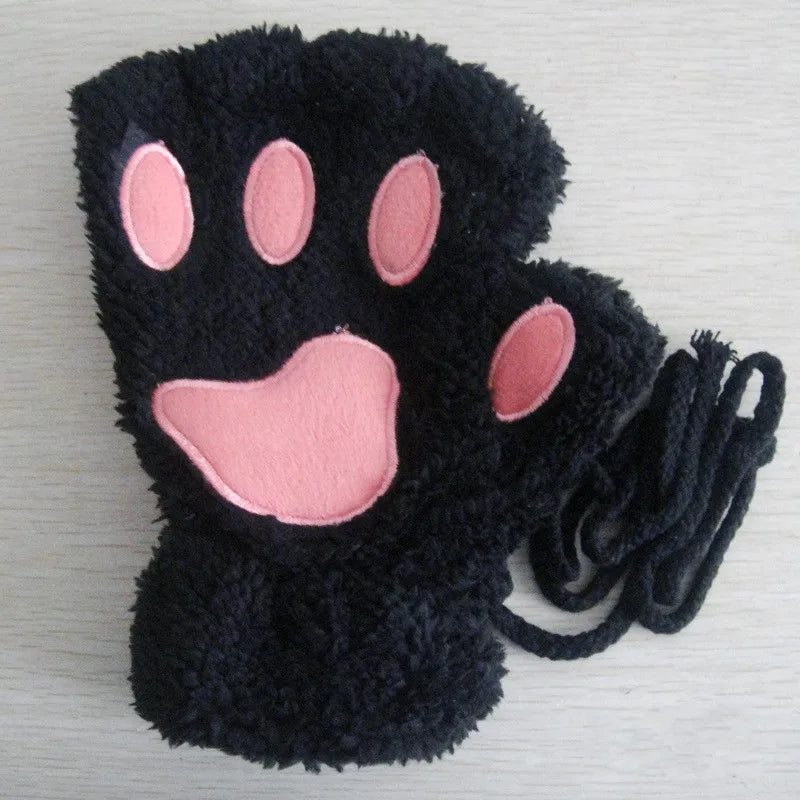 Women's Plush Cat Paw Fingerless Gloves