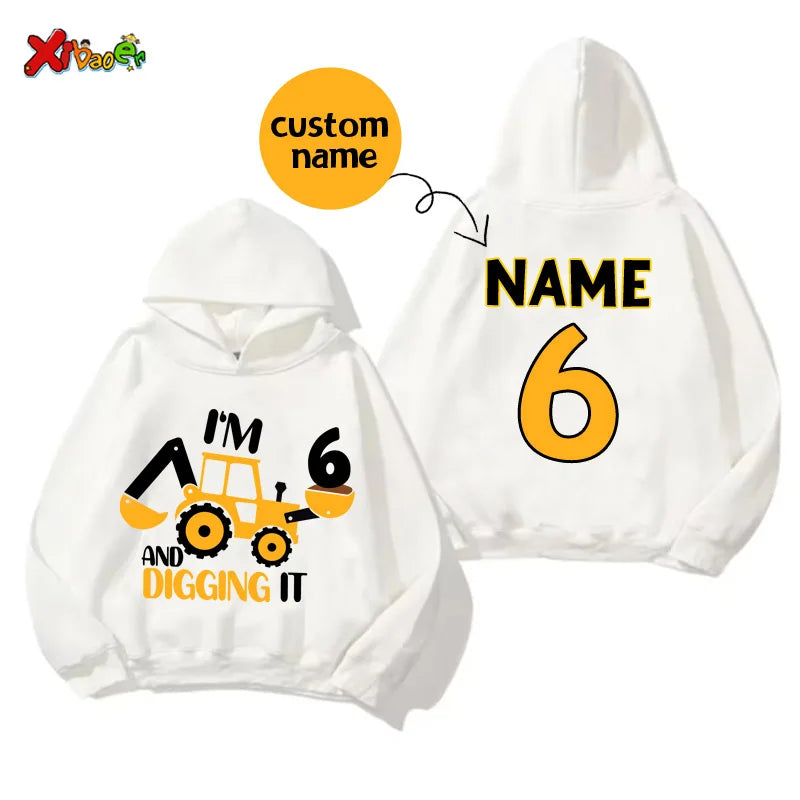 Kids' Custom Name Excavator Hoodie - Personalised Construction Birthday Sweatshirt