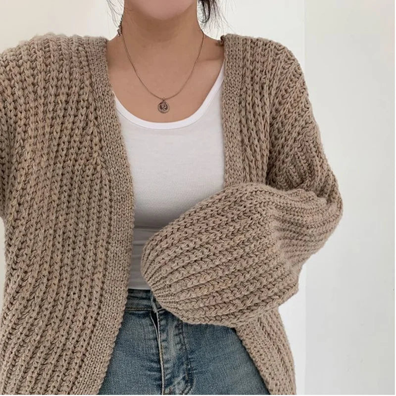 Women's Lantern-Sleeve Knit Cardigan – Relaxed Open-Front Sweater