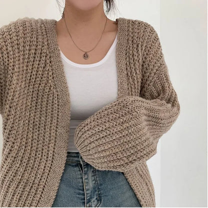Women's Lantern-Sleeve Knit Cardigan – Relaxed Open-Front Sweater