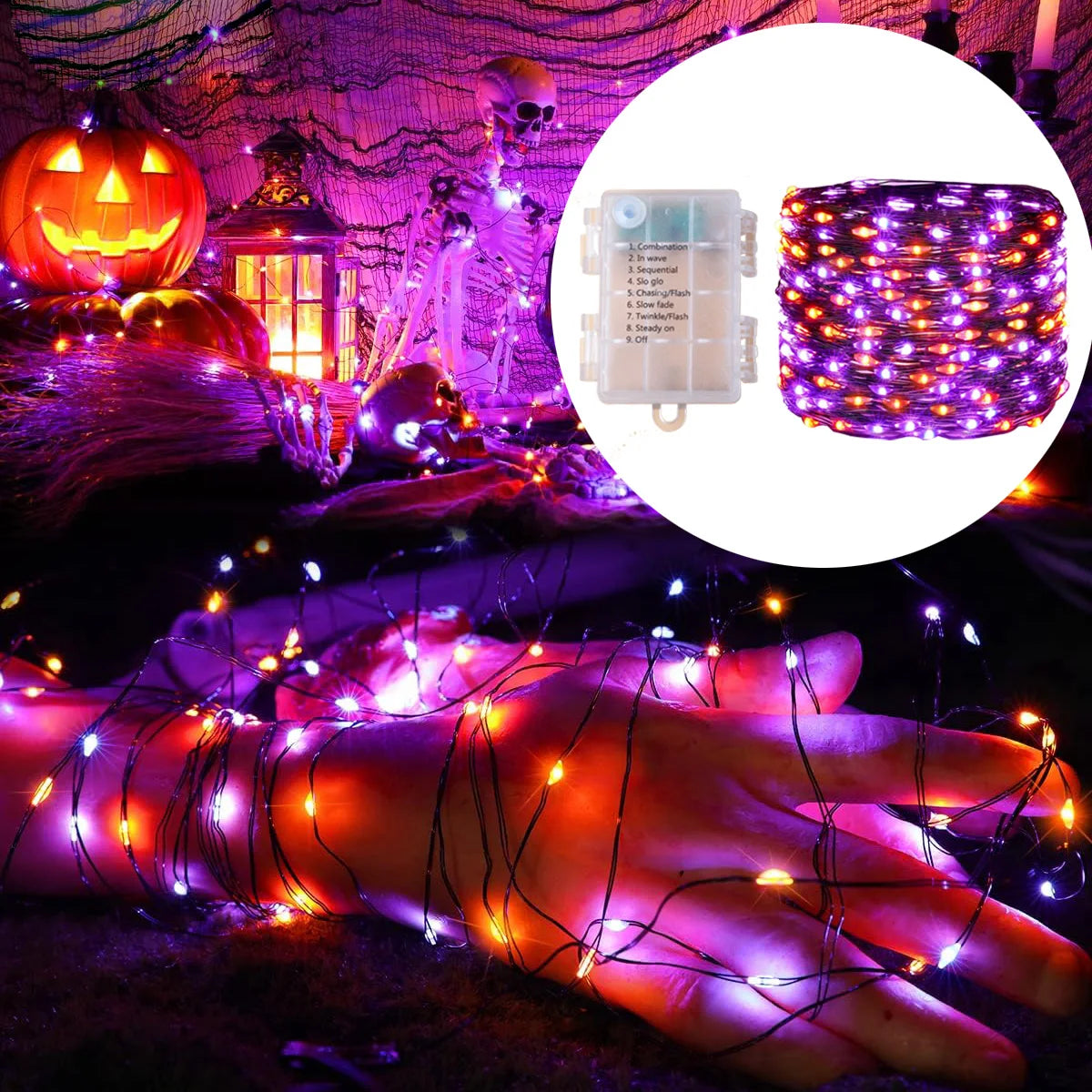 Purple & Orange Halloween LED String Lights – Battery Powered, 5 m to 20 m