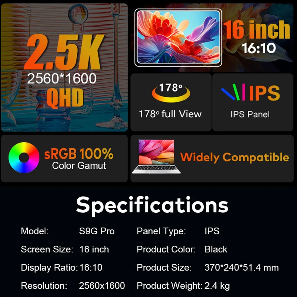 Rospider 16" 2.5K Portable Tri-Screen Monitor – Detachable Triple Screen Extender for Laptops, QHD IPS Display