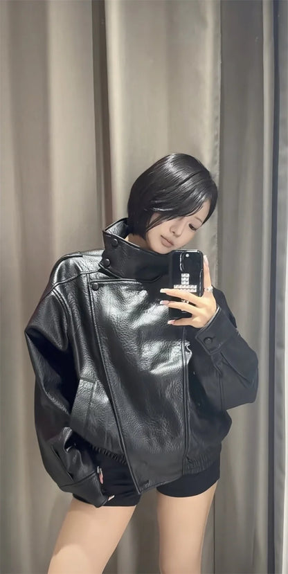 Chaqueta de cuero sintético con cremallera para mujer Guobioziy
