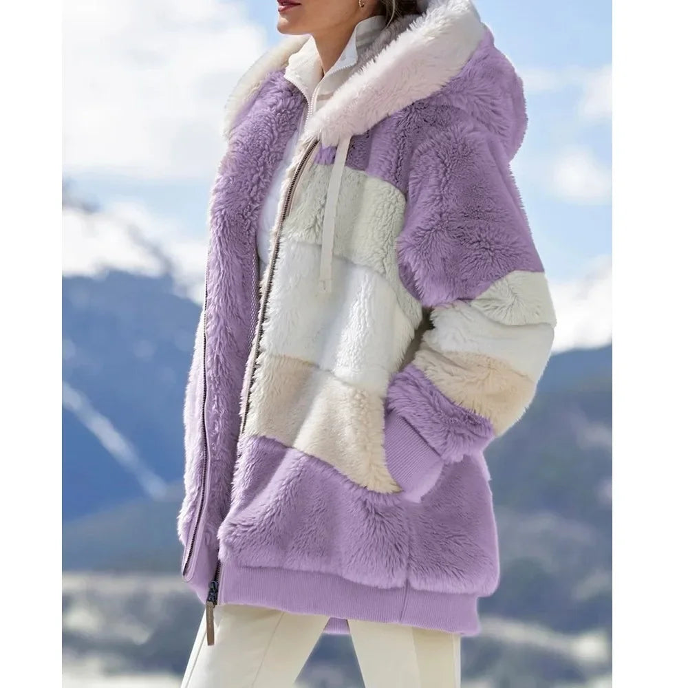 Winter Fashion Women's Coat 2026 Hooded Zipper Ladies Jacket Spliced Thick Cashmere Women Jacket Stitching Plaid Ladies Coats