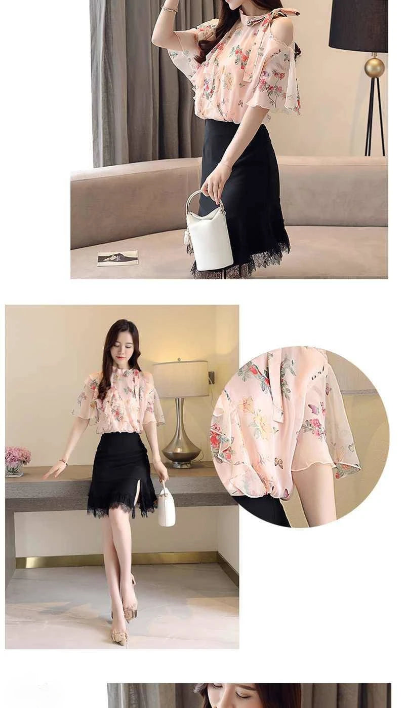 Chiffon Female Tops Floral with Puffy Sleeves Women's Shirt Blouse Modern Long Tall Elegant Luxury Korean Popular Clothes Pretty