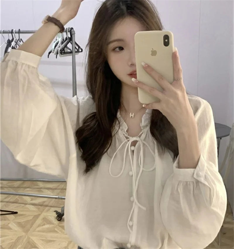 French Solid Color Leisure Women Sweet Solid Color V-neck Ruffled Edge Pullover Shirt Female Loose Fitting Lantern Sleeve Blouse